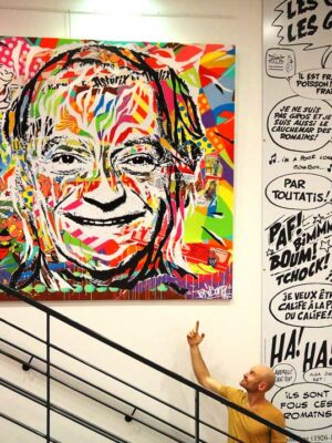 COMMANDE PARTICULIERE DE LA FAMILLE GOSCINNY technique mixte sur toile 200x200 by Jo Di Bona Centre Rene Goscinny Paris 2015