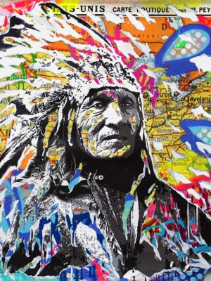 NATIVE AMERICAN 1 technique mixte sur carte scolaire Vidal Lablache 120x100 by Jo Di Bona 2023 - Collection privée