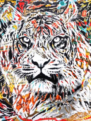 PANTHERA TIGRIS technique mixte sur toile 120x120 by Jo Di Bona 2018 © Au profit du MUSEE EN HERBE collection privee