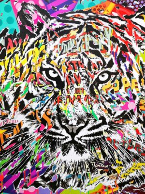 SPY TIGER technique mixte sur toile 100x100 by Jo Di Bona 2019 © Au profit du MUSEE EN HERBE collection privee