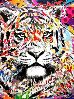 TAGS TIGER technique mixte sur toile 120x120 by Jo Di Bona 2022 - Collection privée